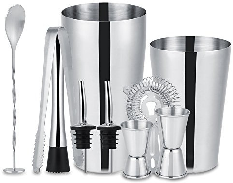 Set cocktail shaker professionale da 10 pezzi, set da cocktail in acciaio inossidabile, un misurino, un punteruolo da bar, un colino per cocktail, pinze per ghiaccio e beccuccio.
