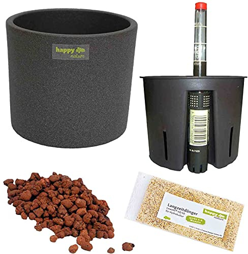 happy nature Set5 Keramik Blumentopf Madeira grau für Hydroplfanzen + Dünger Ø 17,0 cm H 14,5 cm