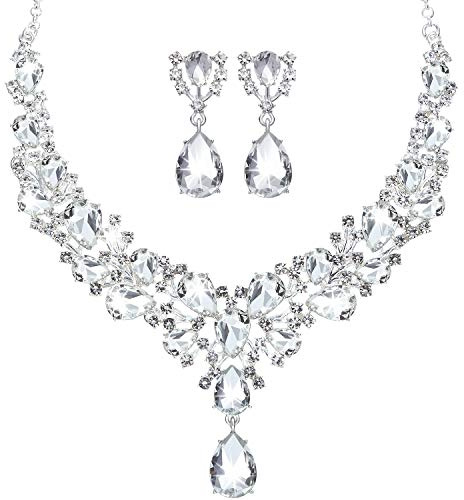 Hicarer Bridal Teardrop Cluster Crystal Jewelry Set for Women Necklace Earrings Wedding (Silver)
