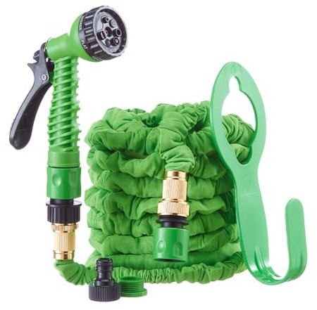 Hercul-Easy Expandable 50ft Garden Hose Set – Flexible Hose with 7 Way Spray Gun - Aluminium & Brass Connectors, Hose Holder & Tap Connectors - Water Pipe with Free Storage Bag, 50ft, Green