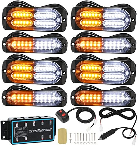 Linkitom Lot de 8 lumières stroboscopiques ultra fines pour voiture et camion avec contrôleur stroboscopique et faisceau de câblage (ambre et blanc)