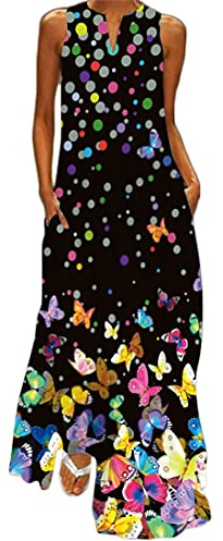 WINKEEY Vestido Maxi para Mujer Estampado Floral Mariposa Bohemio con Bolsillos Sin Mangas Talla Grande