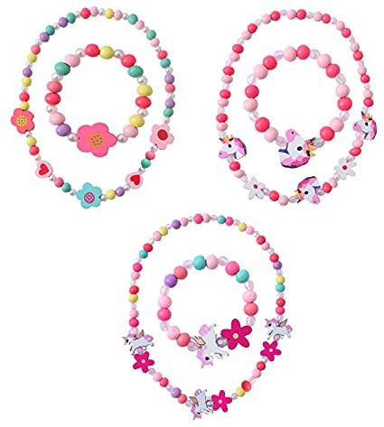 6 Smycken för Flickor: Kedjor, Trä Smycken Set, Enhörning Vänskapsarmband & Halsband, Armband - Barn Present