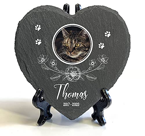TULLUN Individueller Personalisiert Herzform Tiergrabstein Schiefer Gedenkstein + Ständer für Hund, Katze und andere Haustiere Tiere - Größe | 10 x 10 cm | - Blumen und Foto