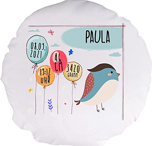 Kleckerliese Baby Kinder Kissen Kissenhülle Tiere Motiv, Vogel mit Wunschname Datum Uhrzeit Gewicht Balon Wolken, 40 cm Farbe Weiß