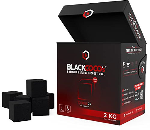 BLACKCOCO's CUBES27 + carbone naturale di cocco e BBQ – Bicchette di cocco di alta qualità per narghilè e barbecue – Narghilè cubi e carbone per barbecue con lunga durata
