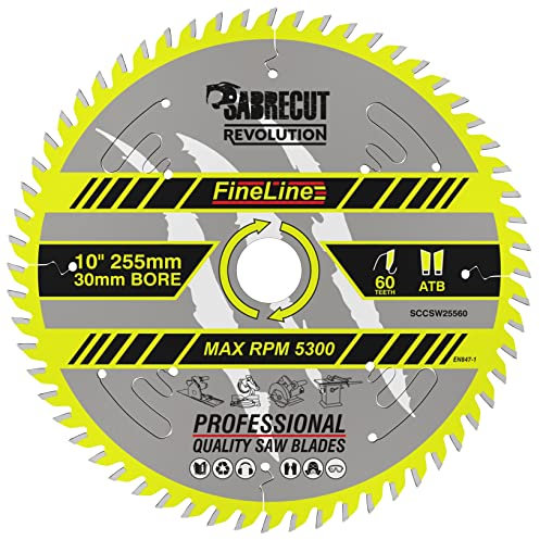 1 x SCCSW25560 SabreCut 255mm 60T x 30mm Bohrung FineLine dünne Schnittfuge für Holz Sperrholz MDF Spanplatten Quer- und Längsschnitt-Kreissägeblatt kompatibel mit Dewalt Makita und vielen anderen