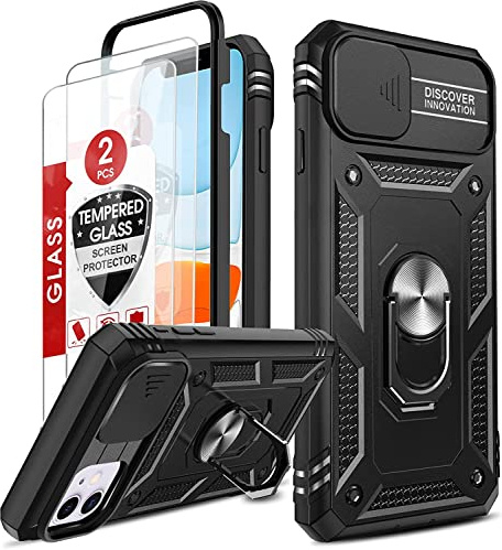 LeYi Cover per iPhone 11 con Vetro Temperato [2 Pack],Custodia con Protezione Fotocamera [Slidable] Antiurto Grado Militare 360°Magnetica Anello Supporto TPU Bumper Silicone Custodie Nero