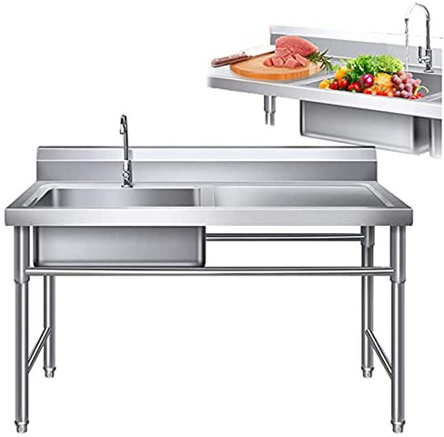 BEZAX Gartenwaschbecken,Mobiles SpüLtisch,SpüLbecken Edelstahl Kitchen,Outdoor SpüLe,SpüLe Mit Armatur FüR Garten Restaurant Kantine WäSche,Leftsink-0.8mm