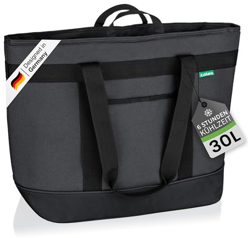 COTTARA® faltbare Kühltasche gross mit wasserdichter Isolierung 30l – Große Isoliertasche auslaufsicher flexible Griffe – Ideale Einkaufstasche isoliert, Thermotasche, Picknicktasche – Grau