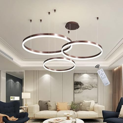 Wandun Moderne LED Pendelleuchte, 3-Ringe Kollektion, Brown Farbe, Verstellbarer HäNgeleuchter, Moderne Deckenleuchte, mit Fernbedienung Dimmbar, 3000k - 6000k, mit Speicherfunktion, 68w