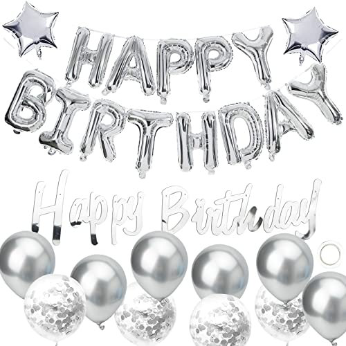 Silver Happy Birthday Balloons Banner Happy Birthday Decorations for Men and Women, Self Inflating Foil Balloons for Party Decoration.