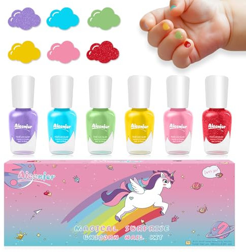 Aieenjor Kinder-nagellack Set, Nagellack Kinder ab 2 3 4 5 Jahre Mädchen Ungiftig, Abziehbar Wasserbasis Kinde Mädchen Geschenk Kit- 6 Farben Regenbogen Party Favors