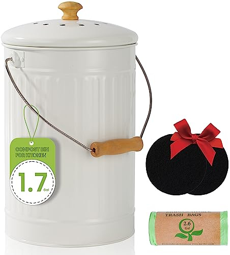 TreaHome 1.7 Gallon Kitchen Compost Bin, Indoor Countertop Compost Bin with Lid, 100% Rust Proof Compost Bucket with Non-Smell Charcoal Filters (White)