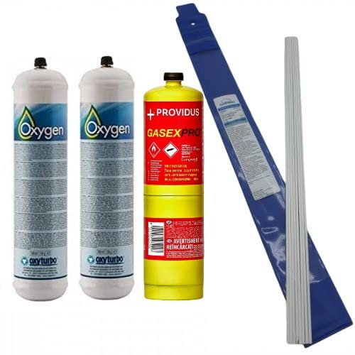 GASFRIGO - N° 2 bombole ossigeno per saldatura 930 ml. 110 bar M12x1 + 1 bombola gasex pro (map pro) 400g. CGA600 + bacchette per saldatura rivestite con argento al 25% confezione da 100 gr.