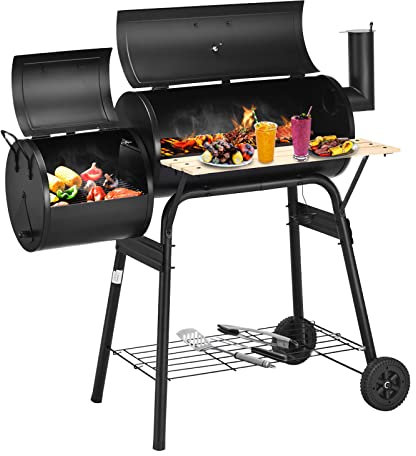 TANGZON Charcoal Barbecue Grill, Barrel Drum BBQ Trolley with Temperature Gauge, Adjustable Vent, Grid Shelf & Wheels, Powder Coated Steel Outdoor Portable Smoker (with 2 Cooking Areas)
