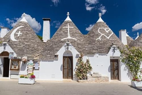 adrium Holz-Bild 60 x 40 cm: Schöne Stadt Alberobello mit Trulli-Häusern zwischen grünen Pflanzen und Blumen, wichtigster touristischer Bezirk, Region (76237021)