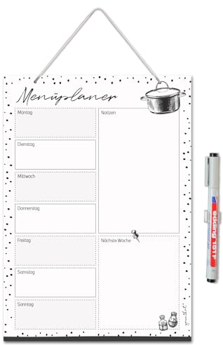 younikat Menüplaner Dots zum Aufhängen - DIN A4-21 x 29,7 cm - dv1303 | beschreibbare Rückseite, für Whiteboards, magnetisch haftend, zum Beschriften, inklusive Stift