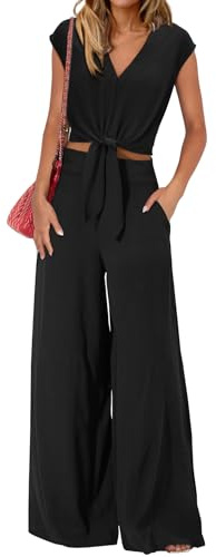 PRETTYGARDEN Women's Summer 2 Piece Outfits 2025 Cap Sleeve V Neck Belted Crop Tops Wide Leg Pant Sets Casual Tracksuit(Solid Black,Medium)