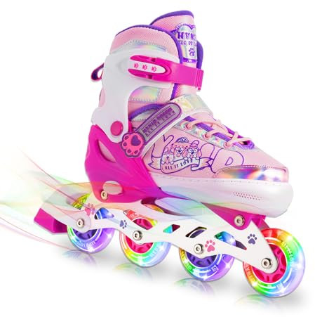 Rollschuhe Kinder für Mädchen, Verstellbare 4 Größen Inline Rollschuhe Quad mit Leuchtenden Rädern für Kinder Mädchen(M)