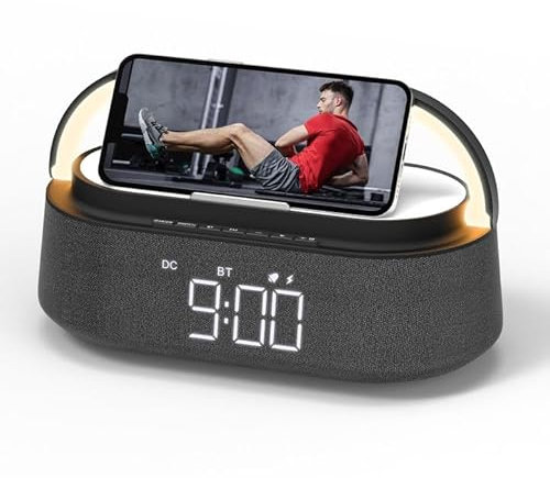 FREEFISH Bluetooth Speaker with Wireless Charger, FM Radio, Adjustable LED Night Light, Dual Wireless Speakers, 15W Wireless Charging, Bluetooth 5.0