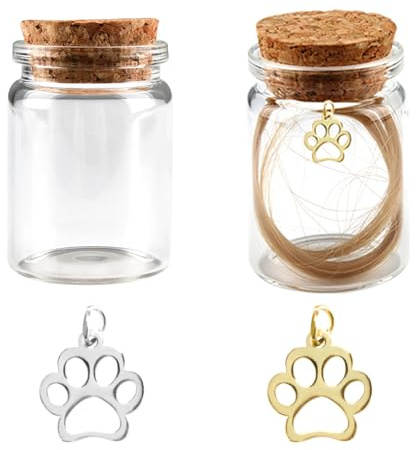 Lot de 2 bouteilles commémoratives pour poils d'animaux avec 2 breloques en forme d'empreinte de pattes, bouteilles souvenir avec bouchon en liège, petit flacon en verre pour perte de cendres de chat