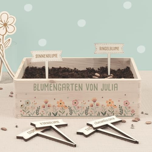 hellomini Personalisiertes Saatgut Anzuchtset für Kinder, Mini Gärtner Starter Kit, Garten Holzkiste, Gemüsegarten für Kinder, Kräutergarten, Blumengarten (Blumengarten, S (30x20x10cm))
