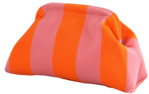 Lebartm Unterarmtasche Clutch Geldbörsen Gewebte Häkelhandtaschen Knödel handgemachte Colorblock Clip Tasche für Damen Sommer Reise Strand Tasche-Rosa & Orange gestreift