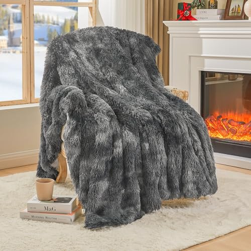 EMME Faux Kuscheldecke Flauschig, 150 x 200 cm, Felldecke, Pelz Wolldecke, Wohndecke, Super Weich, Plüschig, Warme Gemütliche Fleecedecke, Dicke, Überwurf Für Sofa und Bett, Tie Dye Dunkelgrau