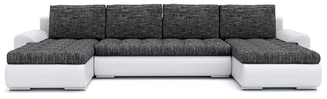 Mebligo - Ecksofa mit Schlaffunktion und Bettkasten Tokio III, Eckcouch aus Kunstleder, Sofa U Form 302x159x89 cm, Couch Wohnzimmer, Ecke Sofa Wohnlandschaft, Schlafsofa Dunkelgrau/Kunstleder Weiß