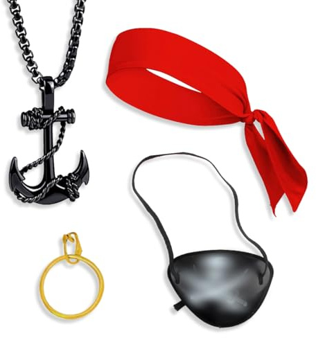 Piraten Kostüm Zubehör Set, 4 Stück Vintage Piraten Accessoires, Piraten Augenklappen, Piraten Bandana, Piraten Kopftuch,Piraten Kapitän Dress Up Set für Halloween Deko Piratenparty