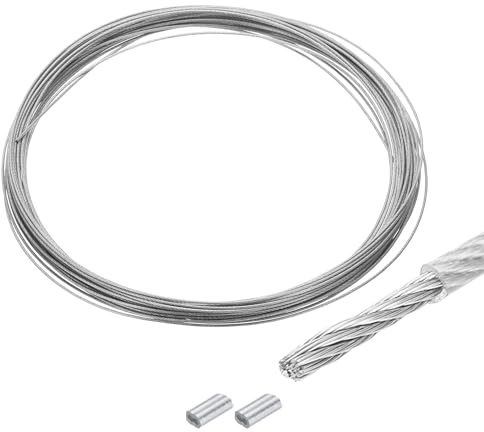 QUARKZMAN 10m Cable de Acero 1.2mm OD con Aluminio Mangas 2pcs Transparente | Inoxidable 304 Kit de Cuerda de Alambre Doble Orificio PVC Recubierto para Cuerda Tendedero, Suspensión, Planta