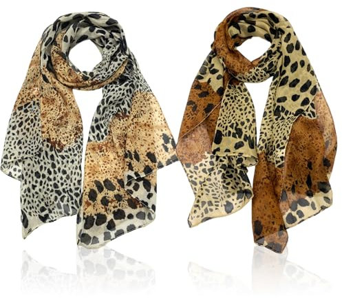 UILYNIU 2 Stück Schal Stola Leopardenmuster Halstuch Damen, Frauen Schals Tücher, Chiffon Schal Damen Halstuch Tuch Für Abendkleid Festlich Reisen Seidenschal Geschenk (2PCS)