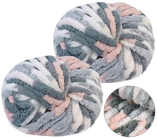 Laine épaisse pour crochet - 250 g x 2 cm - Gris, blanc et rose - Super douce - Pelote moelleuse - Pour tricot et crochet - Couvertures, écharpes, bonnets