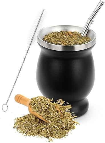 Ruikcoll Yerba Mate,Yerba Mate Cup, Double-Wall Yerba Tea Set, Yerba Cup, with Straw Spoon and Cleaning Brush, for Yerba Mate Drink, Coffee, Milk and Juice, Black,8oz