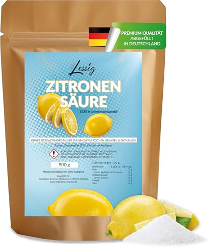 Lessig Zitronensäure Pulver 900g (Lebensmittelqualität E330) – Reine Citronensäure als Universal Entkalker & Reiniger – Ideal zum Kochen, Backen, Putzen & für den Haushalt