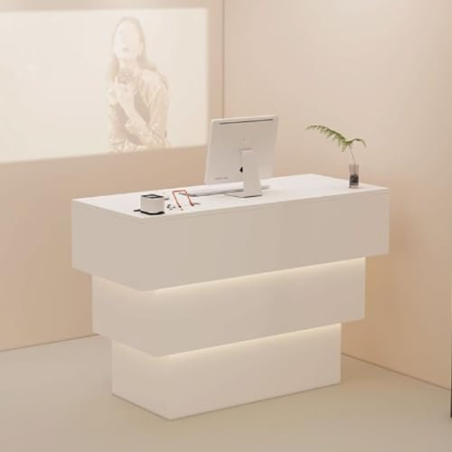 GUQASDV Empfangstheke Rezeption, Empfangstresen für Praxis, Reception Desk Modern, Bürotheke Reception Tisch mit Sanfter Beleuchtung für Bekleidungsgeschäfte(Wit,90x50x90cm)