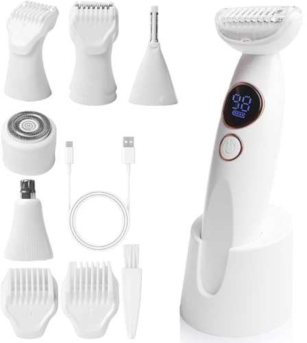 5 en 1 Afeitadora Eléctrica Mujer, Rasuradora Mujer Zona Intima con Base de Carga Type-C, Impermeable IPX7 Afeitadora Eléctrica para Mujer para Bikini Axilas Cara Brazos Cejas(Blanco)