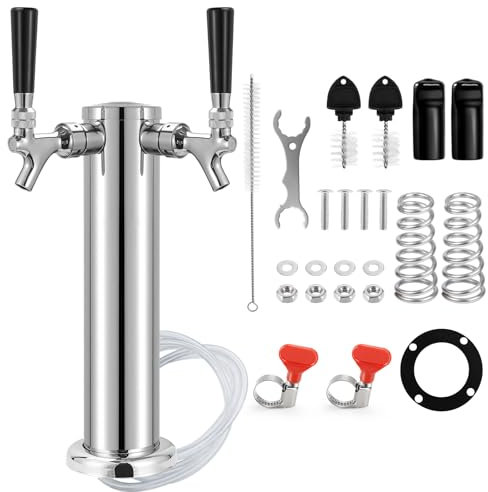 Dual Tap Beer Kegerator Tower - 3 Beer Keg Kegerator Tap, Kegerator Parts with Pre-Assembled Lines, Stainless Steel Draft Beer Tower Dispenser with Self-Closing Brass Faucet, Kegerator Accessories