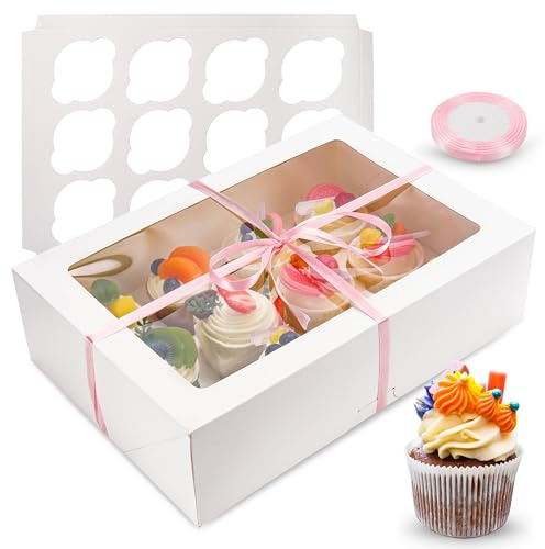 BTSD-home 6 Stück Cupcake Box Muffin Transportbox mit Fenster Kuchen Transportbox für 12 Cupcakes oder Salat Käse mit Band(Weiße 35.1x24.1x10.1cm)