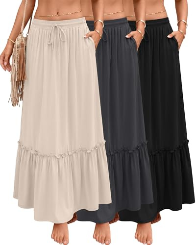 Ficerd Lot de 3 Jupes Maxi Bohème pour Femmes, Jupe Longue à Volants, Taille Haute avec Cordon, Décontractée avec Poches