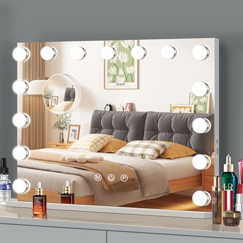 Ruication Hollywood Vanity Mirror with Lights, 58×48cm Lighted Makeup Mirror with 15 Dimmable Led Bulbs, 3 Lighting Modes, Touch Screen Control, Tabletop and Wall Mounted for Bedroom