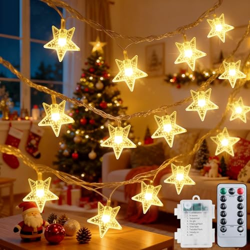 Qoosea 50 LED Sterne Lichterkette, 7,5 Meter Batteriebetriebene Wasserdichte Weihnachtslichter mit Fernbedienung, 8 Modi für Außen- und Innenbereich - Dekoration für Garten, Terrasse & Zaun