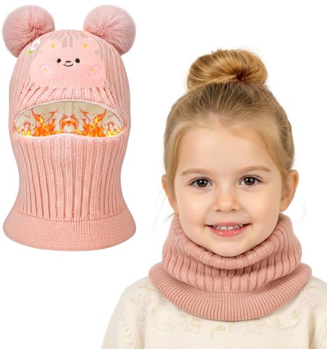 AYPOW Varm vintermössa för barn från 3 till 8 år, söt pompom termisk multifunktionell hatt, vindtät, scarfset för flickor, pojkar, hattar med stickad fleecefodrad mask, Rosa kanin, Ett Storlek
