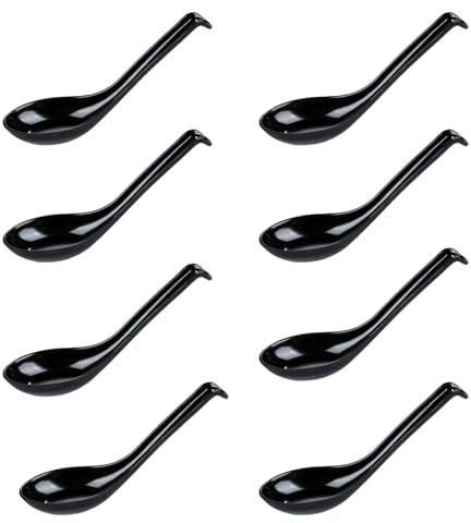 8pcs Soup Spoons Black, Chinese Soup Spoons for Wonton Miso Soup Ramen Spoon, Durable Spoons, Dinner Spoons, Easy to Clean