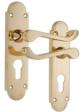 Infinity Decor Pair of Traditional Victorian Scroll Lever on Half Round Backplate Euro Lock Door Handles Set - Ideal for Internal & Exterior Doors   (Polished Brass)