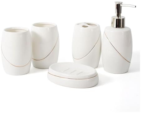 Bathroom Sets Juego de 5 Accesorios baño: dispensador jabón, 2 Vasos for cepillos Dientes y Plato cerámica Coastal Decor(White Gold)