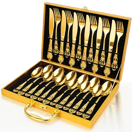 24 Piece Stainless Steel Cutlery Set for 6 with Gift Case, Gold | Includes 6 Knives, 6 Forks, 6 Tablespoons and 6 Teaspoons with Ornate Handles for Weddings, Dinner Parties, Dishwasher Safe