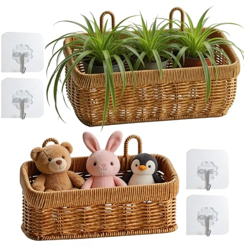 Lot de 2 paniers de rangement en rotin tressé - Support mural - Panier de rangement décoratif - Pour salon, chambre à coucher et bureau