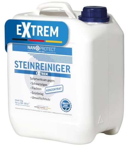 Nanoprotect 5 kg Steinreiniger Extrem - Sofortreiniger gegen Flechten | Hochleistungskonzentrat für Terrasse, Gehweg, Einfahrt | Sofortwirkung gegen Schwarzalgen & Grünbelag | Reinigt bis zu 125 m²